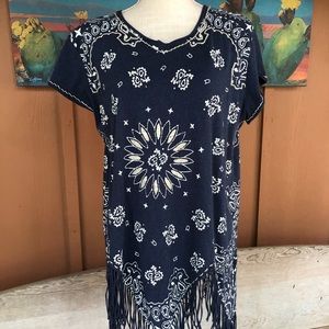 Double D Ranch Navy Bandana Fringed short sleeve top/tunic Medium